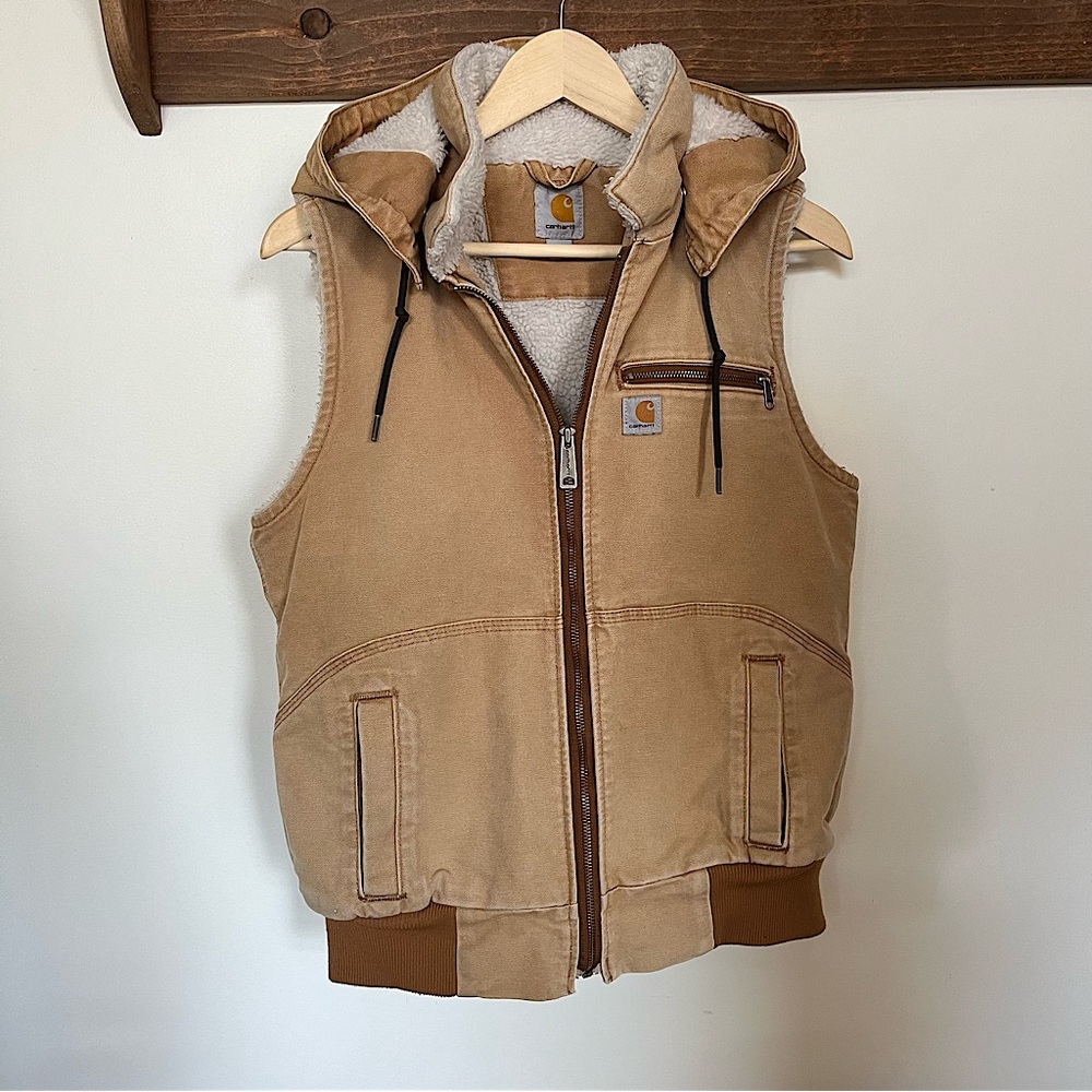 Carhartt Sherpa Lined Hooded Weathered Wildwood Duck Canvas Vest